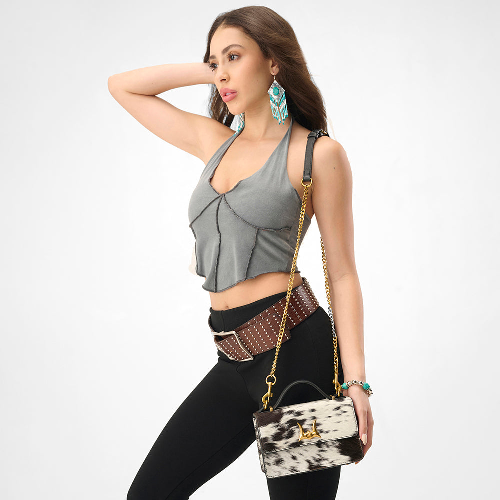 Loyal West VALENCIA OSTRICH LEATHER BAG - BLACK & WHITE COWHIDE - Myra USA