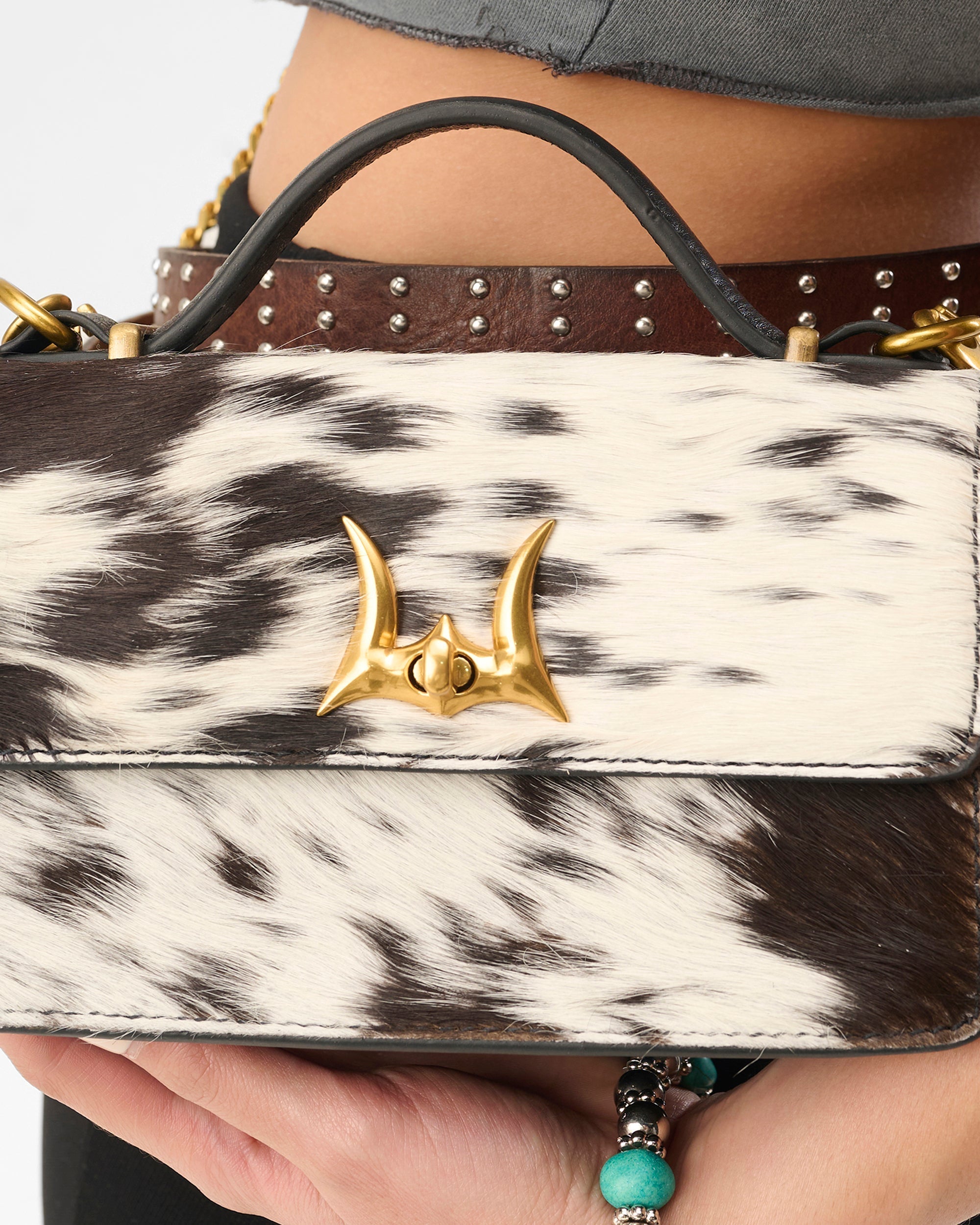 Loyal West VALENCIA OSTRICH LEATHER BAG - BLACK & WHITE COWHIDE - Myra USA
