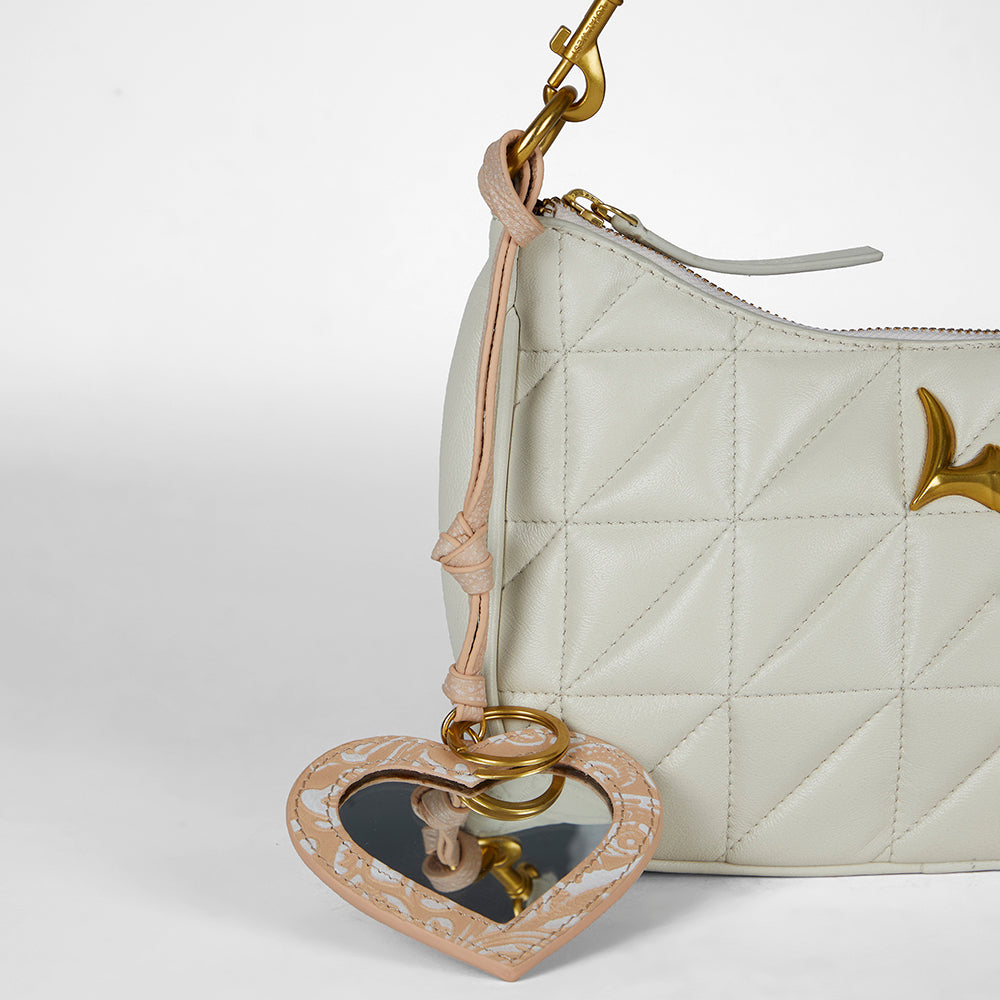 Loyal West HEART SHAPE BAG CHARM IN HAND FINISHED EMBOSSED LEATHER - WHITE