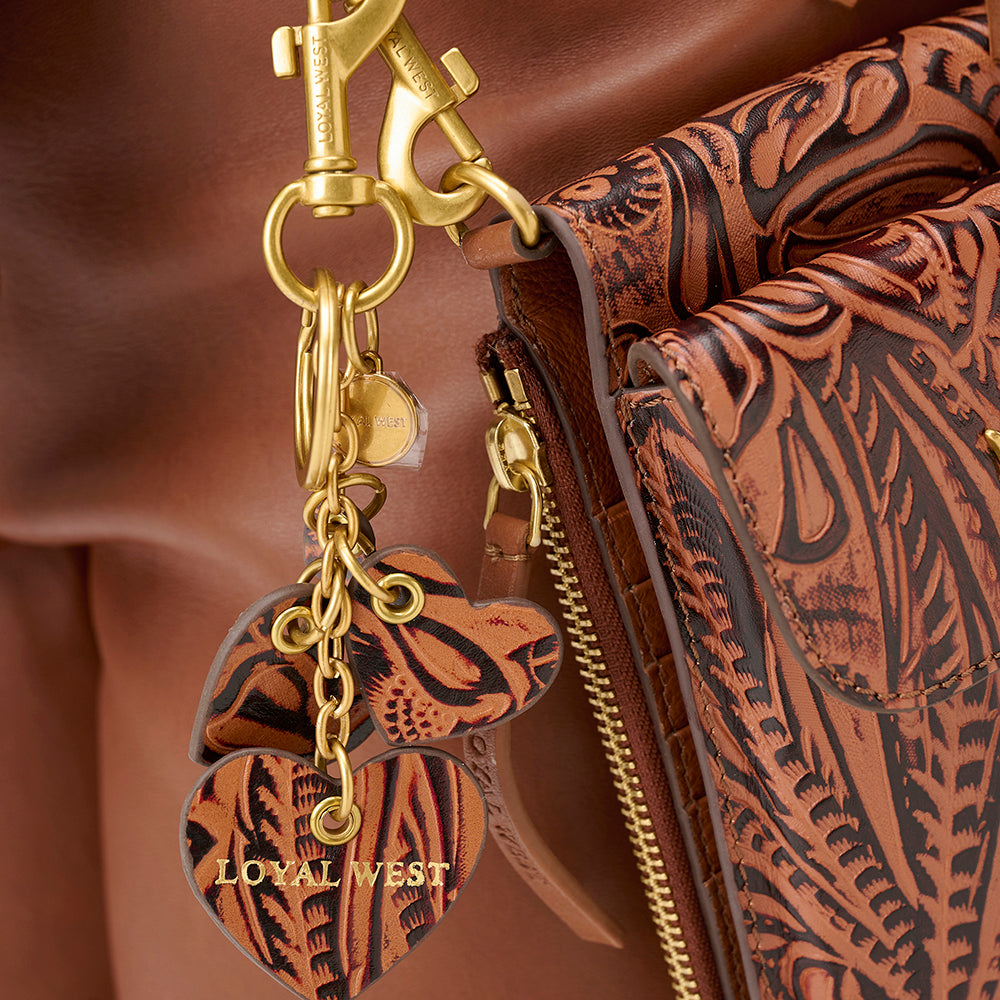 Loyal West HEART SHAPE KEYCHAIN IN HAND FINISHED EMBOSSED LEATHER -  BROWN - Myra USA
