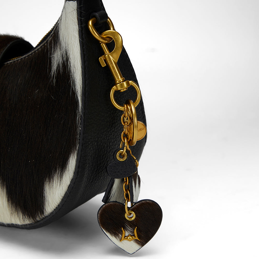 Loyal West HEART SHAPE KEYCHAIN IN BLACK & WHITE COWHIDE LEATHER - Myra USA