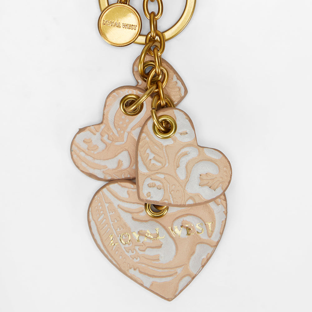 Loyal West HEART SHAPE KEYCHAIN IN HAND FINISHED EMBOSSED LEATHER - WHITE - Myra USA