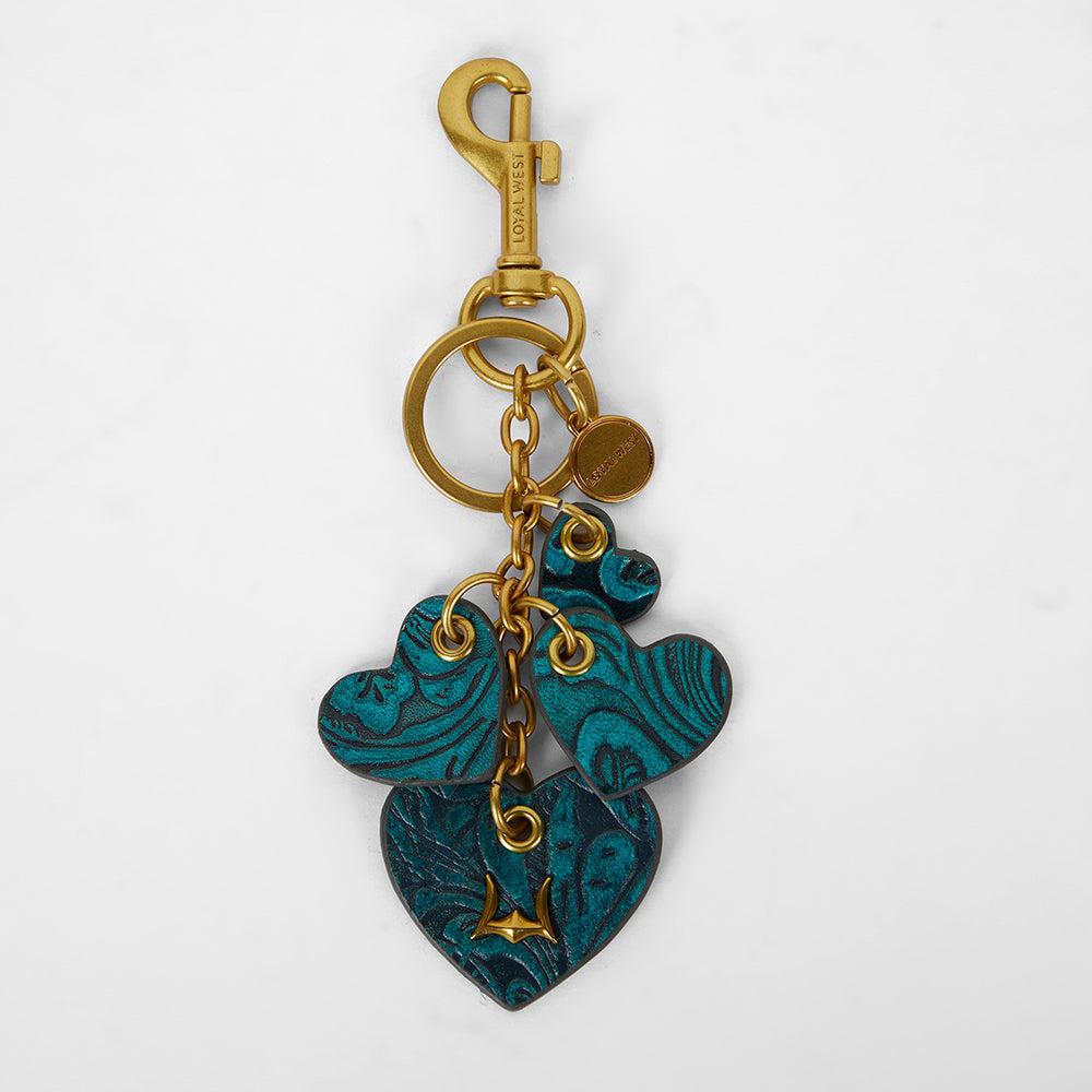 Loyal West HEART SHAPE KEYCHAIN IN HAND FINISHED EMBOSSED LEATHER - TURQUOISE - Myra USA