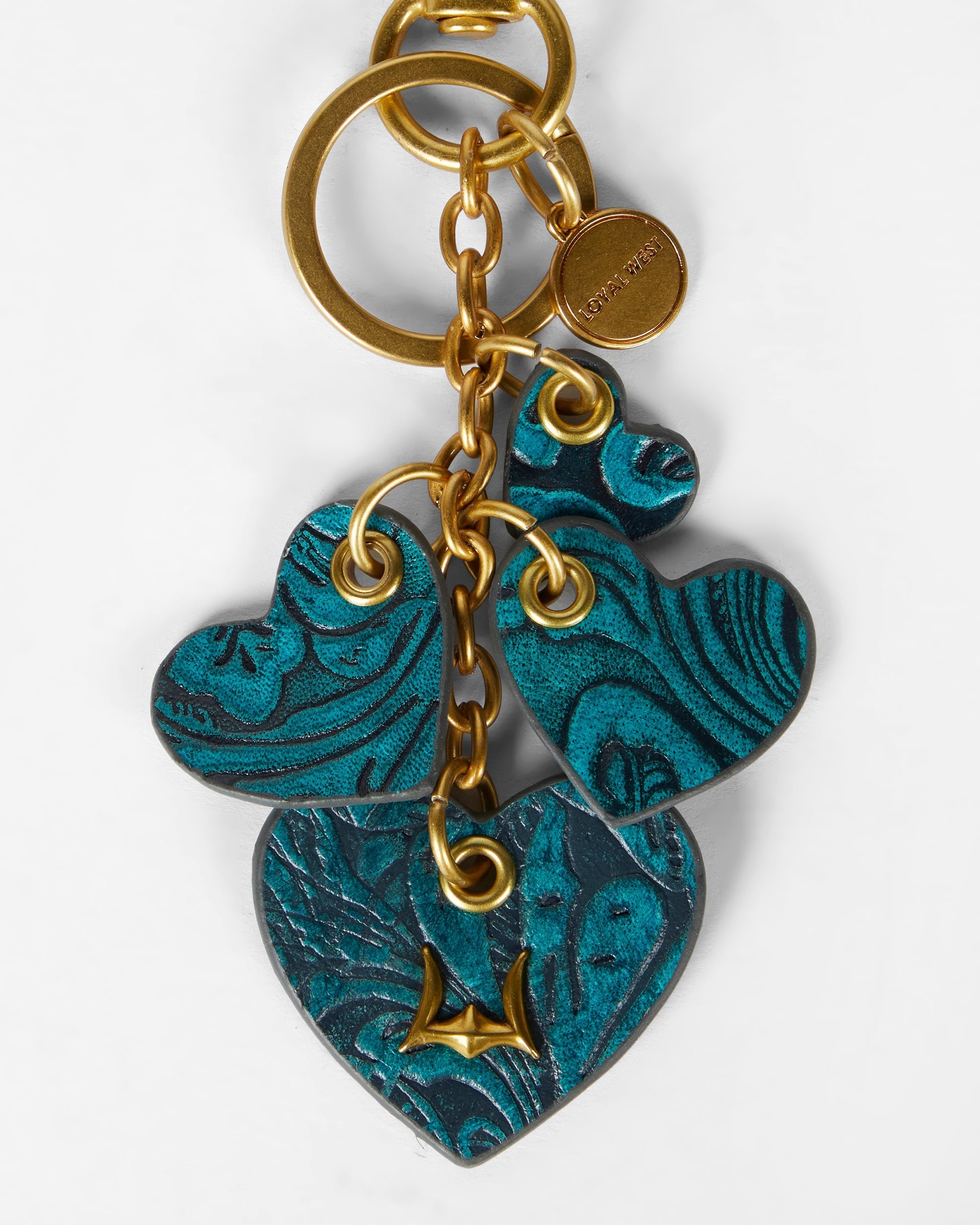 Loyal West HEART SHAPE KEYCHAIN IN HAND FINISHED EMBOSSED LEATHER - TURQUOISE