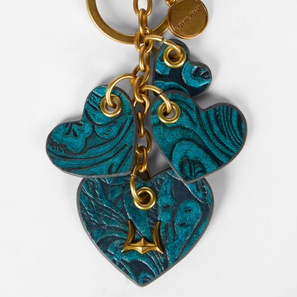 Loyal West HEART SHAPE KEYCHAIN IN HAND FINISHED EMBOSSED LEATHER - TURQUOISE - Myra USA
