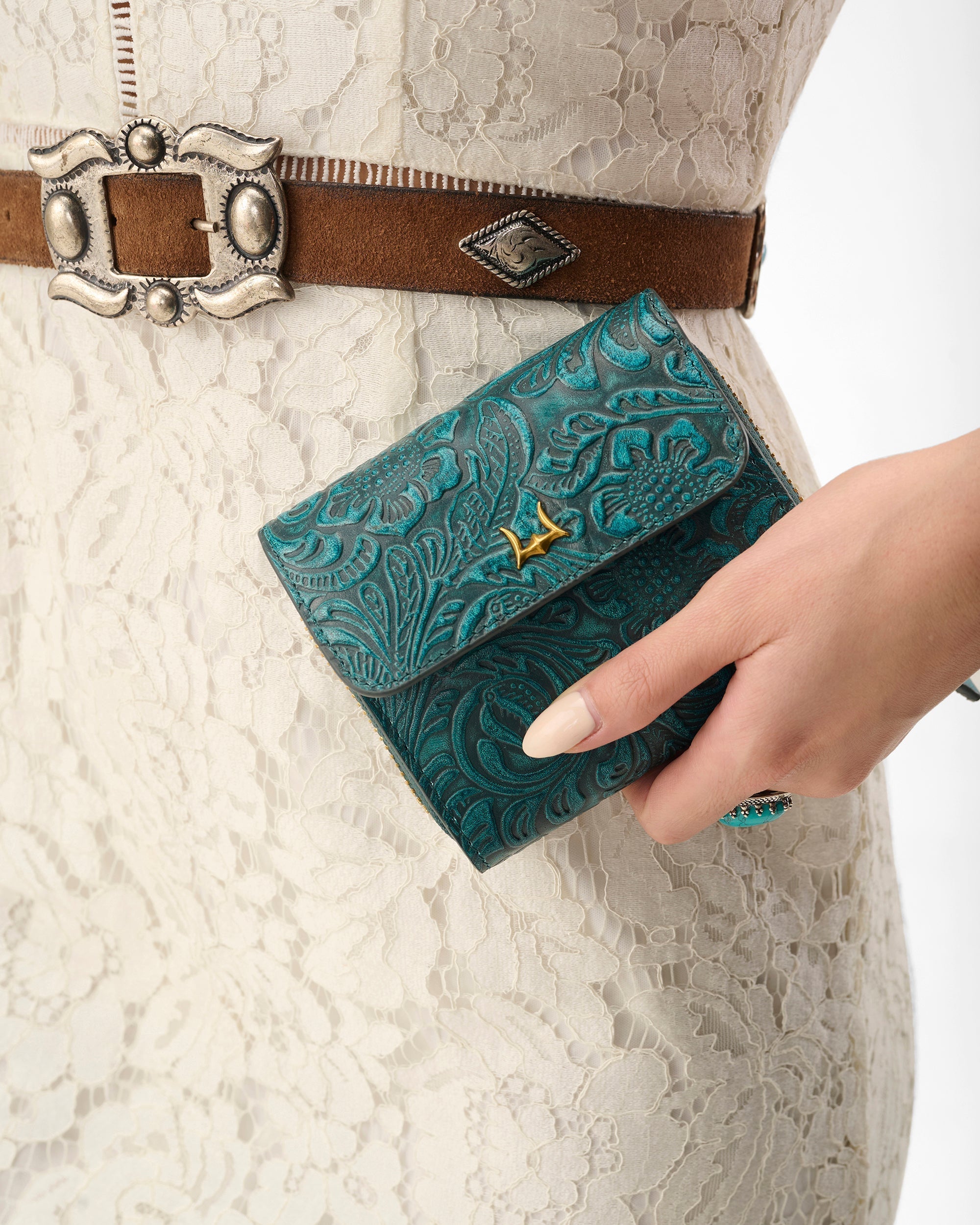 Loyal West SOPHIA CARD HOLDER IN HAND FINISHED EMBOSSED LEATHER - TURQUOISE