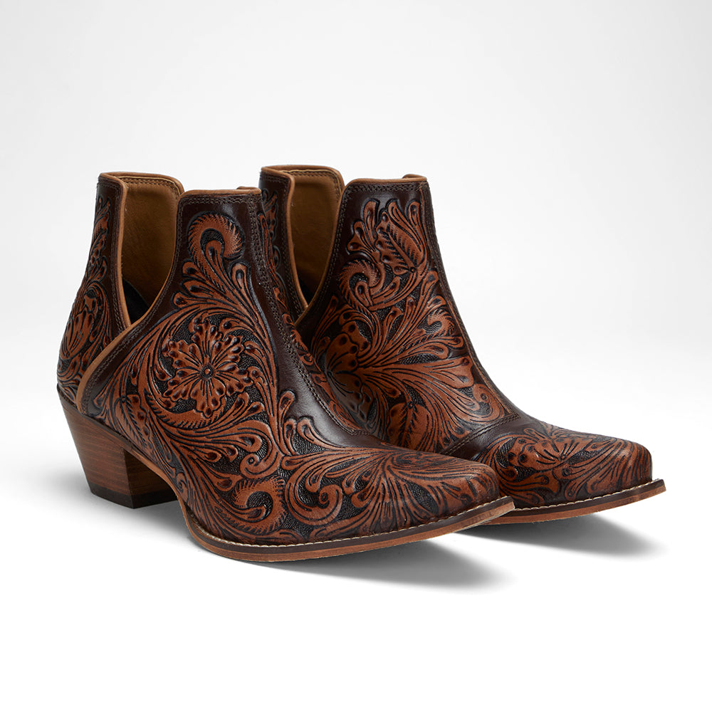 LOYAL WEST X MYRA Handtooled Booties - Tan - Myra USA
