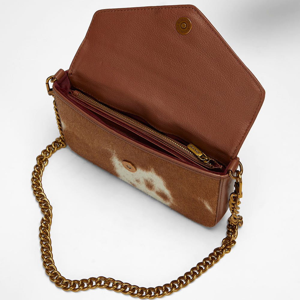 Loyal West The LW On The Go Mini Chain Bag- In Brown & white Cowhide and calfskin - Myra USA