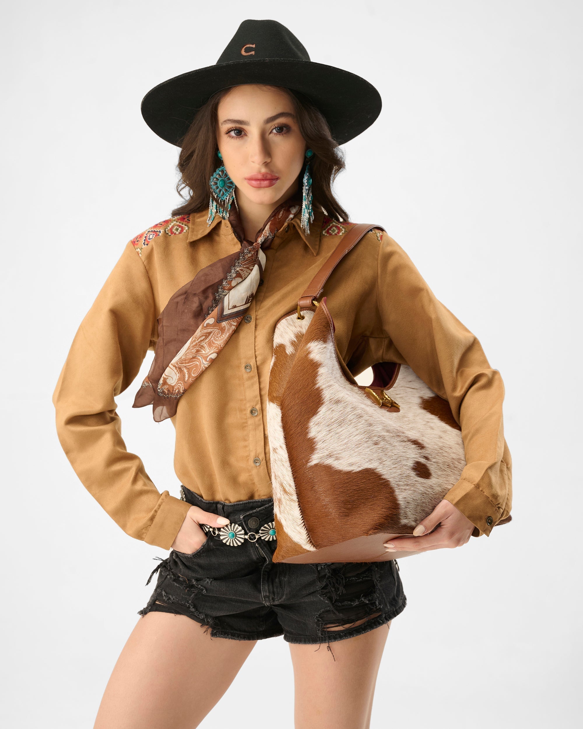 Loyal West LW LARGE PURSE - IN BROWN & WHITE COWHIDE & CALFSKIN