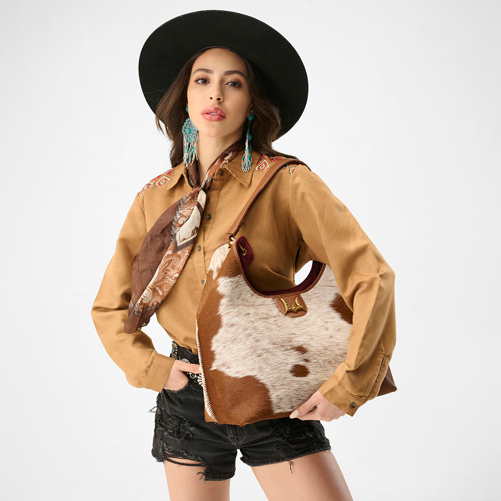 Loyal West LW LARGE PURSE - IN BROWN & WHITE COWHIDE & CALFSKIN - Myra USA