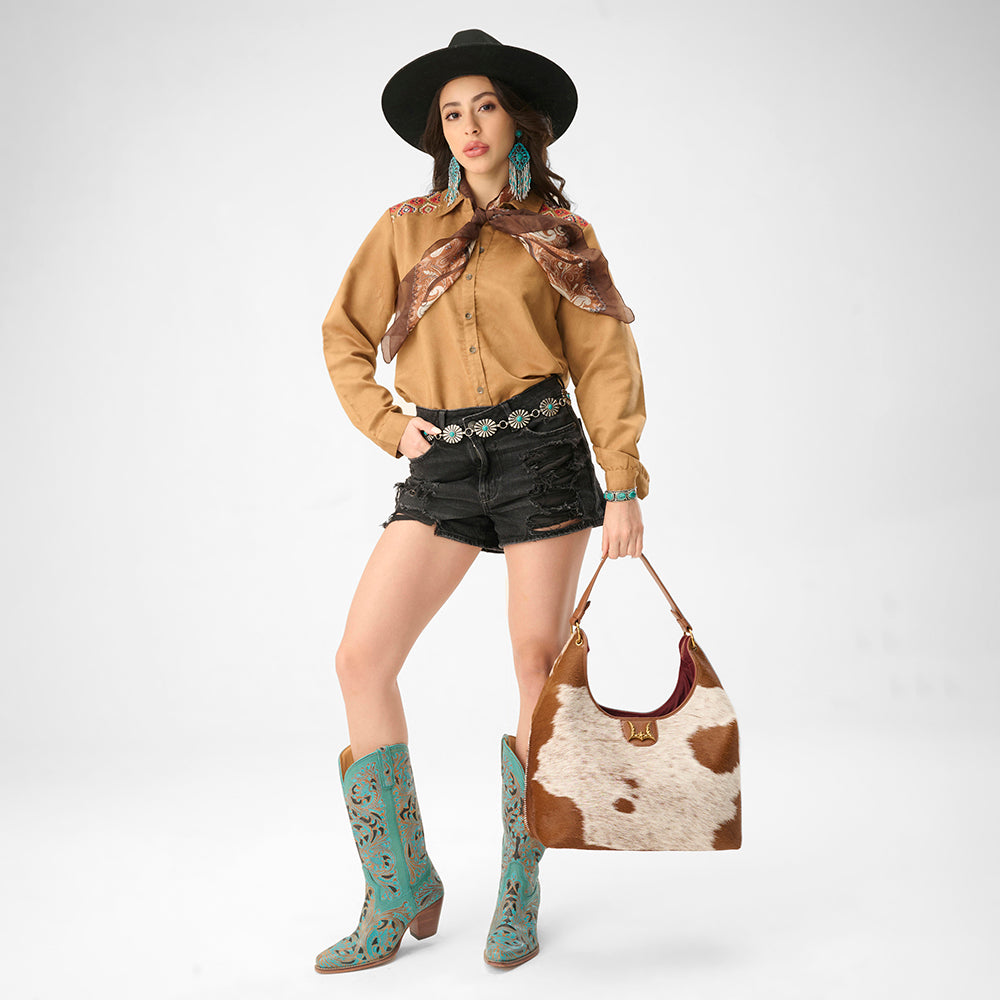 Loyal West LW LARGE PURSE - IN BROWN & WHITE COWHIDE & CALFSKIN - Myra USA