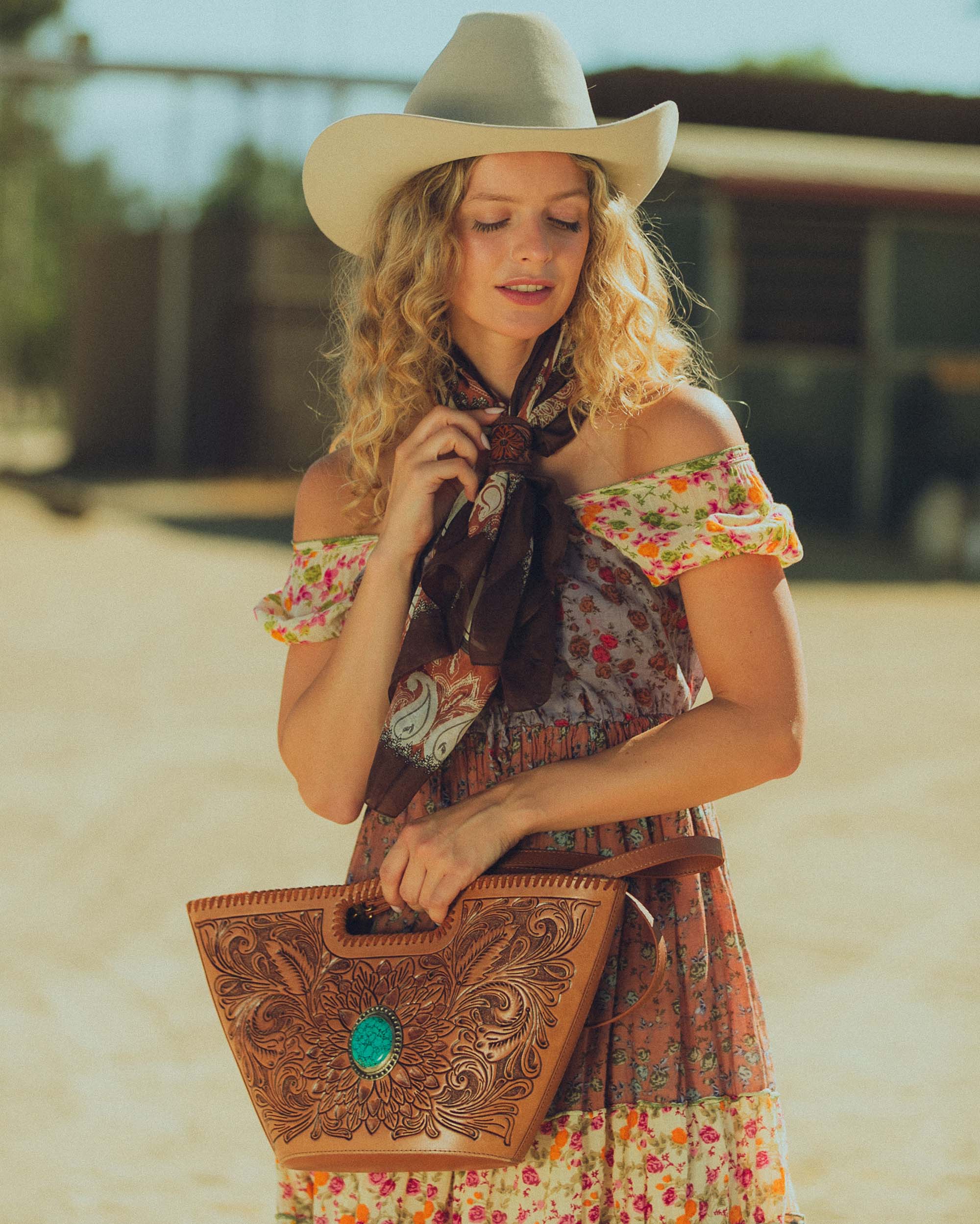 Loyal West Daylight'S Ballet Silk Scarves With Handtooled Leather Slider - Bone & Saddle - Myra USA
