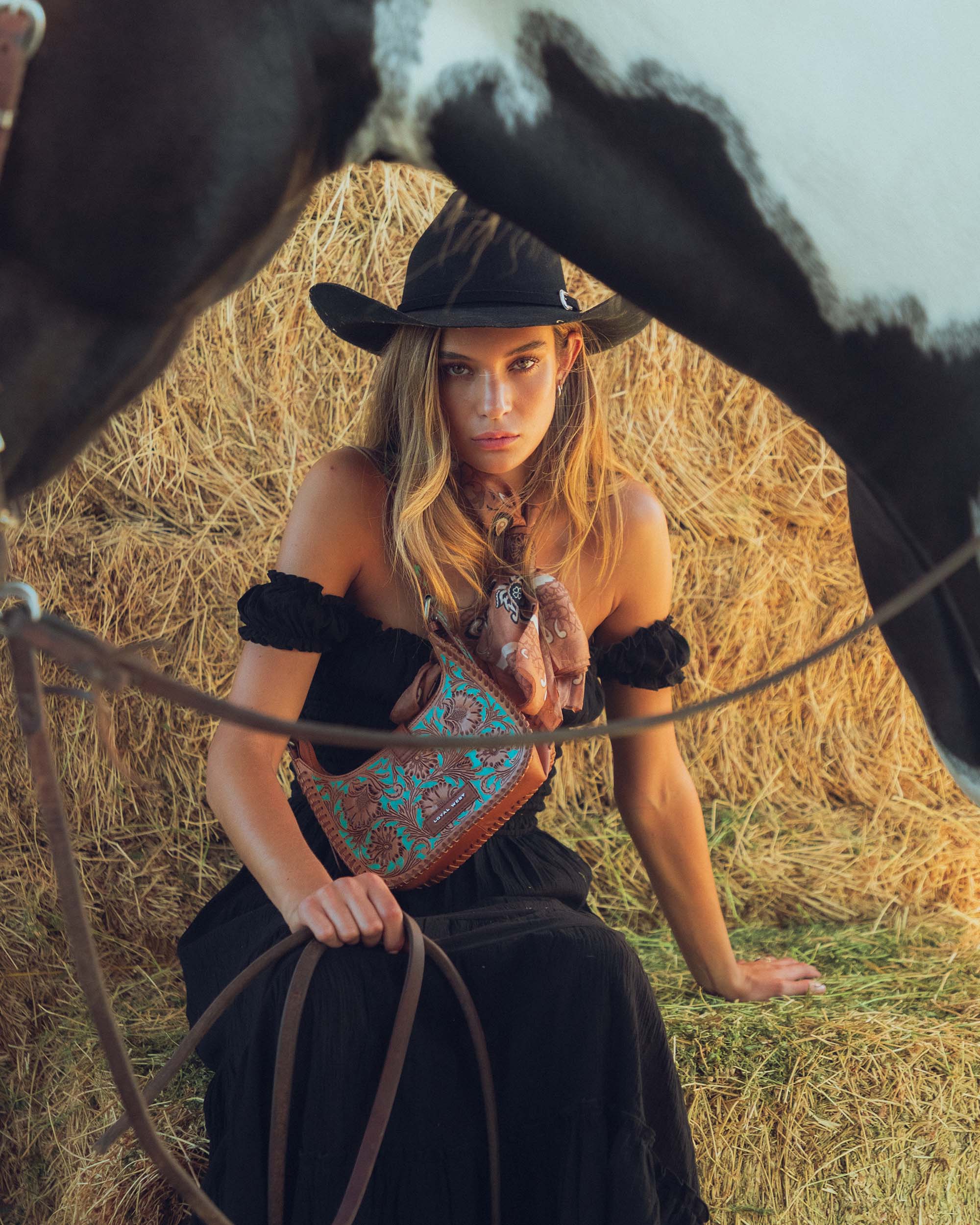 Loyal West Bandana Canyon Silk Scarves With Handtooled Leather Slider - Saddle Brown - Myra USA