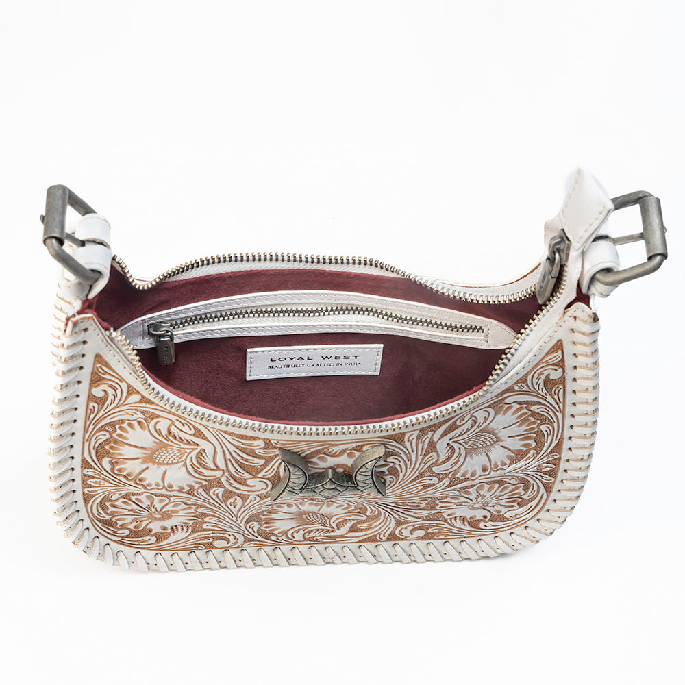 Loyal West DANNIA MEDIUM PURSE - IVORY DUST HANDTOOLED LEATHER AND CALFSKIN - Myra USA