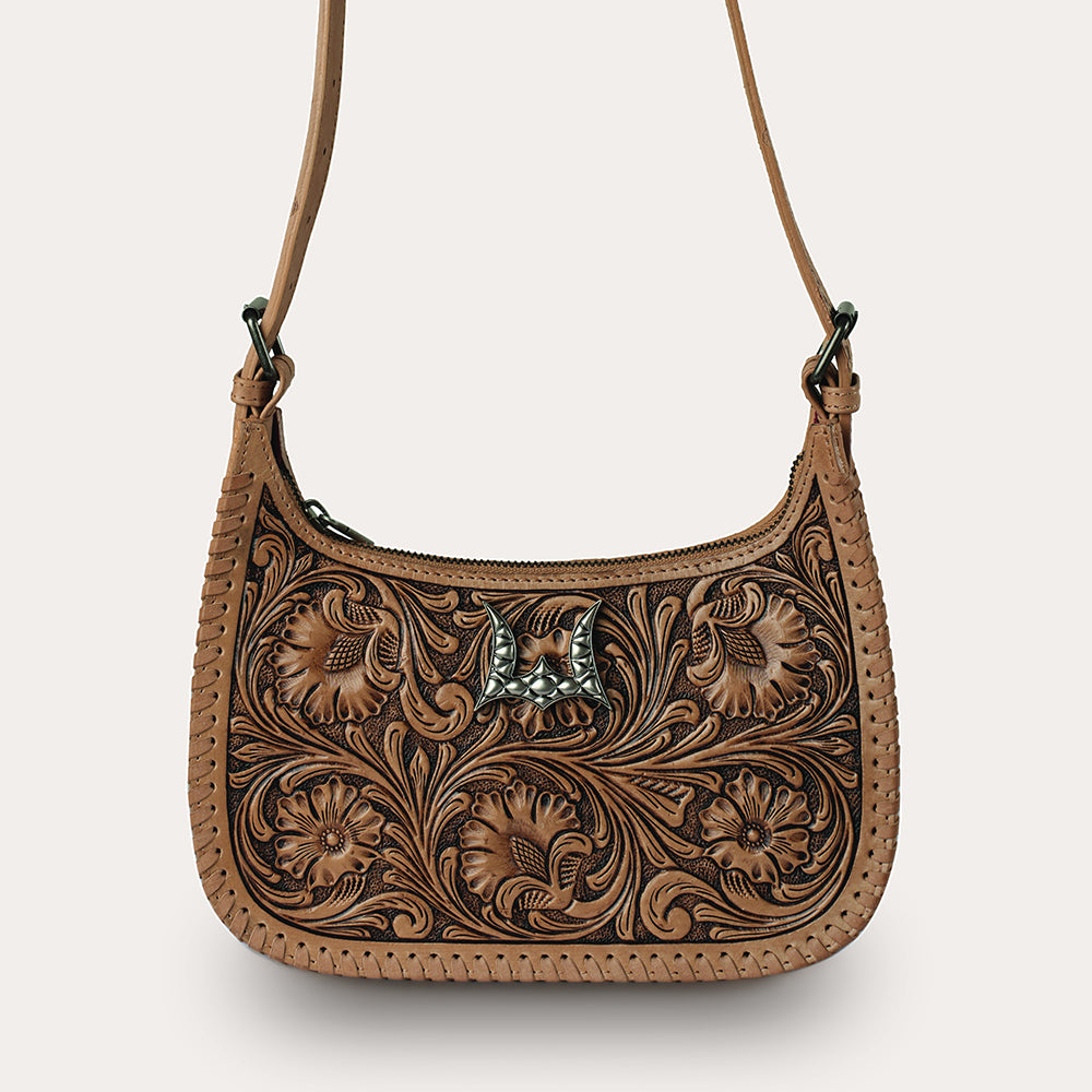 Handtooled Dannia Large Purse - Saddle Brown - Myra USA