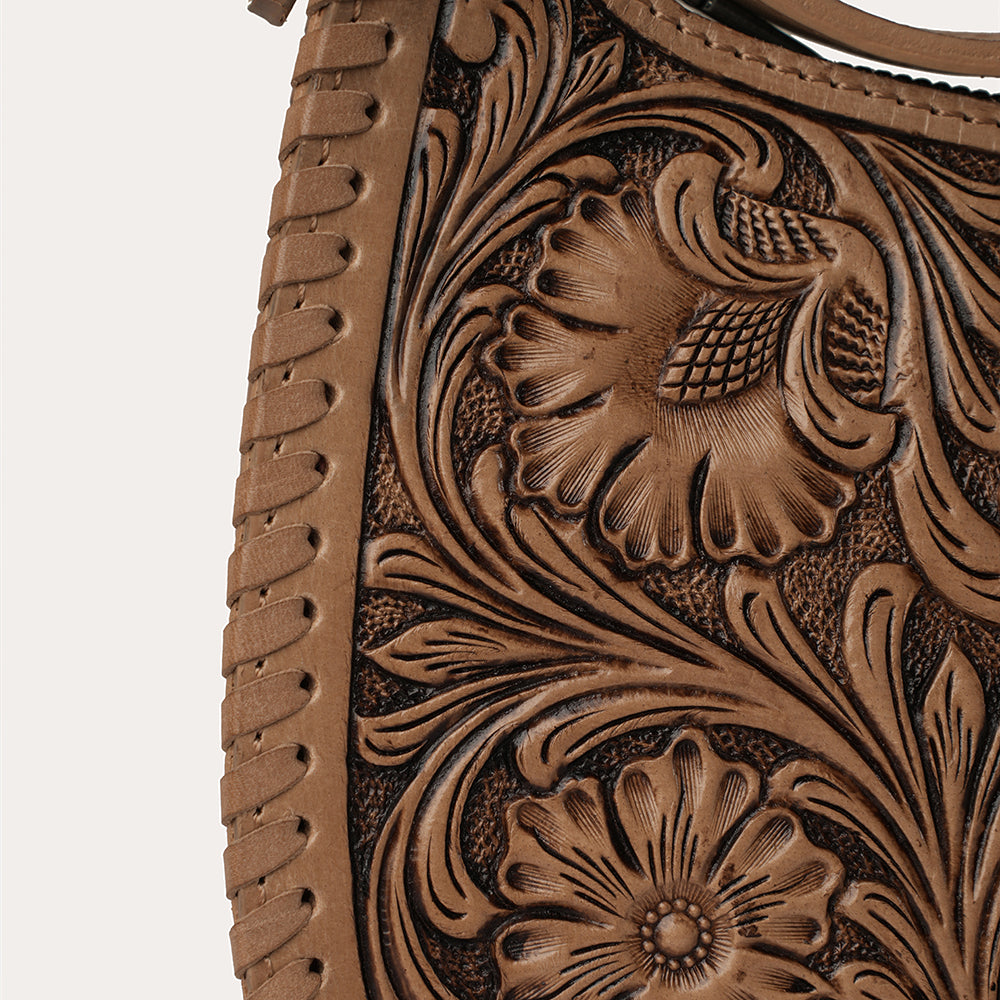 Handtooled Dannia Large Purse - Saddle Brown - Myra USA
