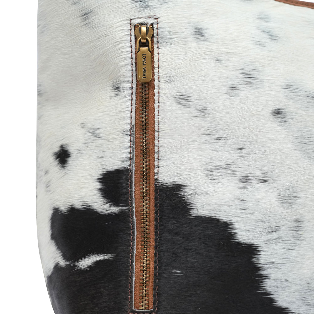 LW LARGE PURSE - BLACK & WHITE COWHIDE WITH BROWN LEATHER - Myra USA
