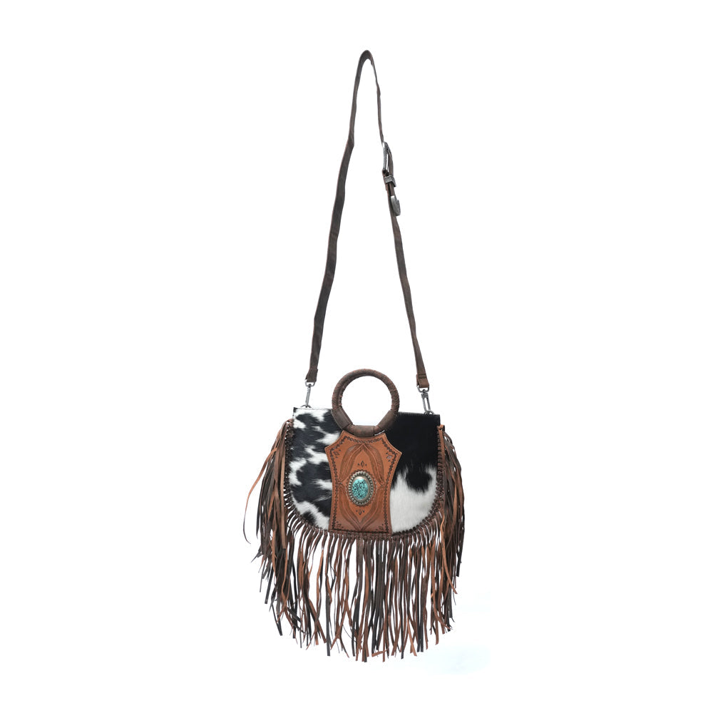 SEDONA TASSLE SHOULDER BAG - BLACK & WHITE COWHIDE - Myra USA