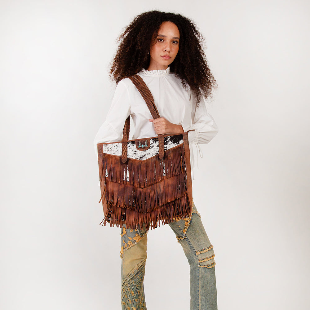 Loyal West Hide And Fringe Large Cowhide Purse - Myra USA