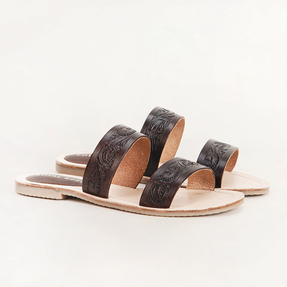 Loyal West Mesa Wanderer Sandals - Black Handtooled Leather - Myra USA