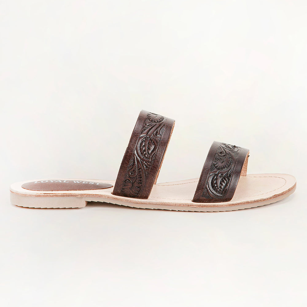 Loyal West Mesa Wanderer Sandals - Black Handtooled Leather - Myra USA
