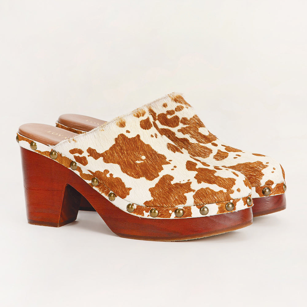 Loyal West Carlotta Trail Clogs Brown And White Cowhide - Myra USA