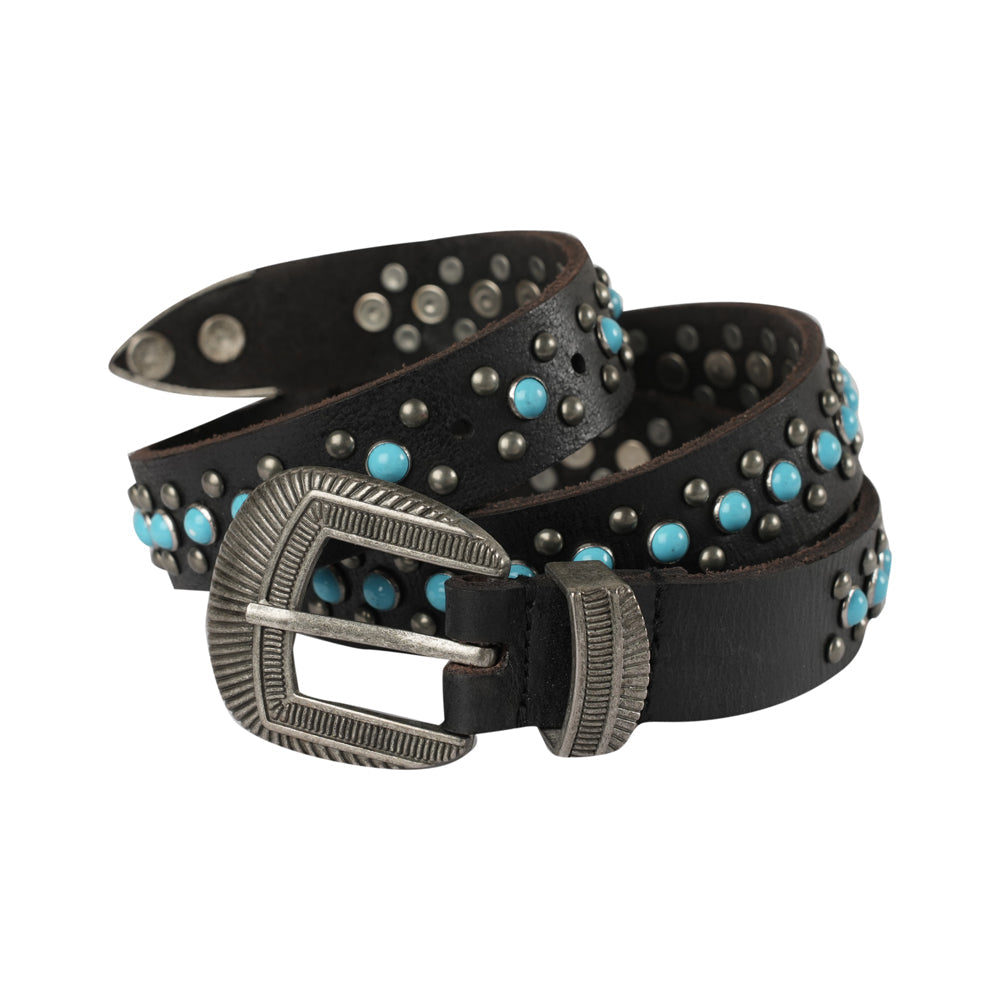 Midnight Ranger Western Leather Belt - Calfskin with Turquoise Stones - Myra USA