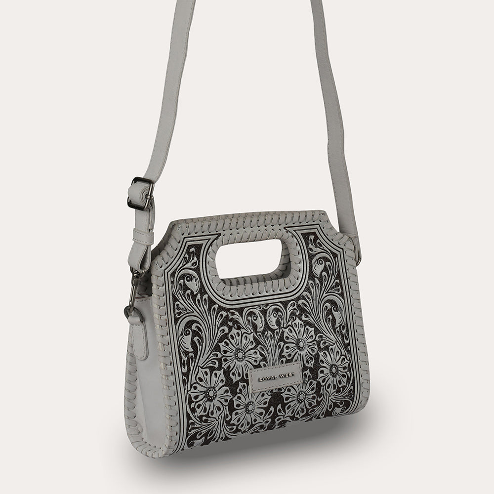 Handtooled Alma Medium Handbag - Ivory Dust - Myra USA