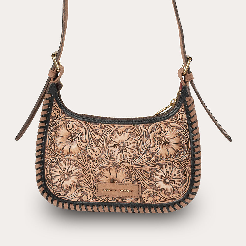 Handtooled Dannia Medium Purse - Distressed Brown - Myra USA