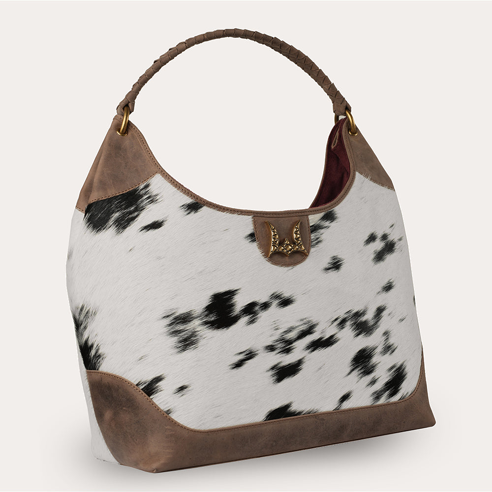 LW Large Purse - Black & White Cowhide with Oiled Brown Leather - Myra USA