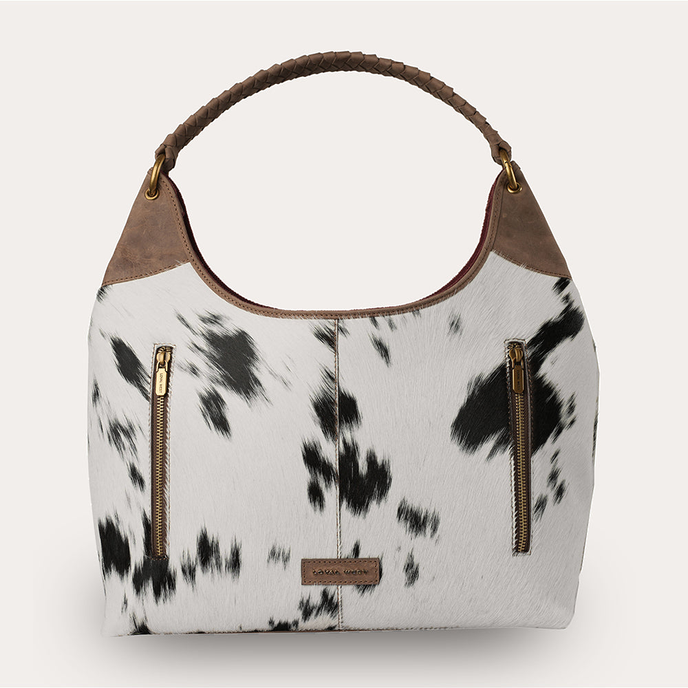 LW Large Purse - Black & White Cowhide with Oiled Brown Leather - Myra USA