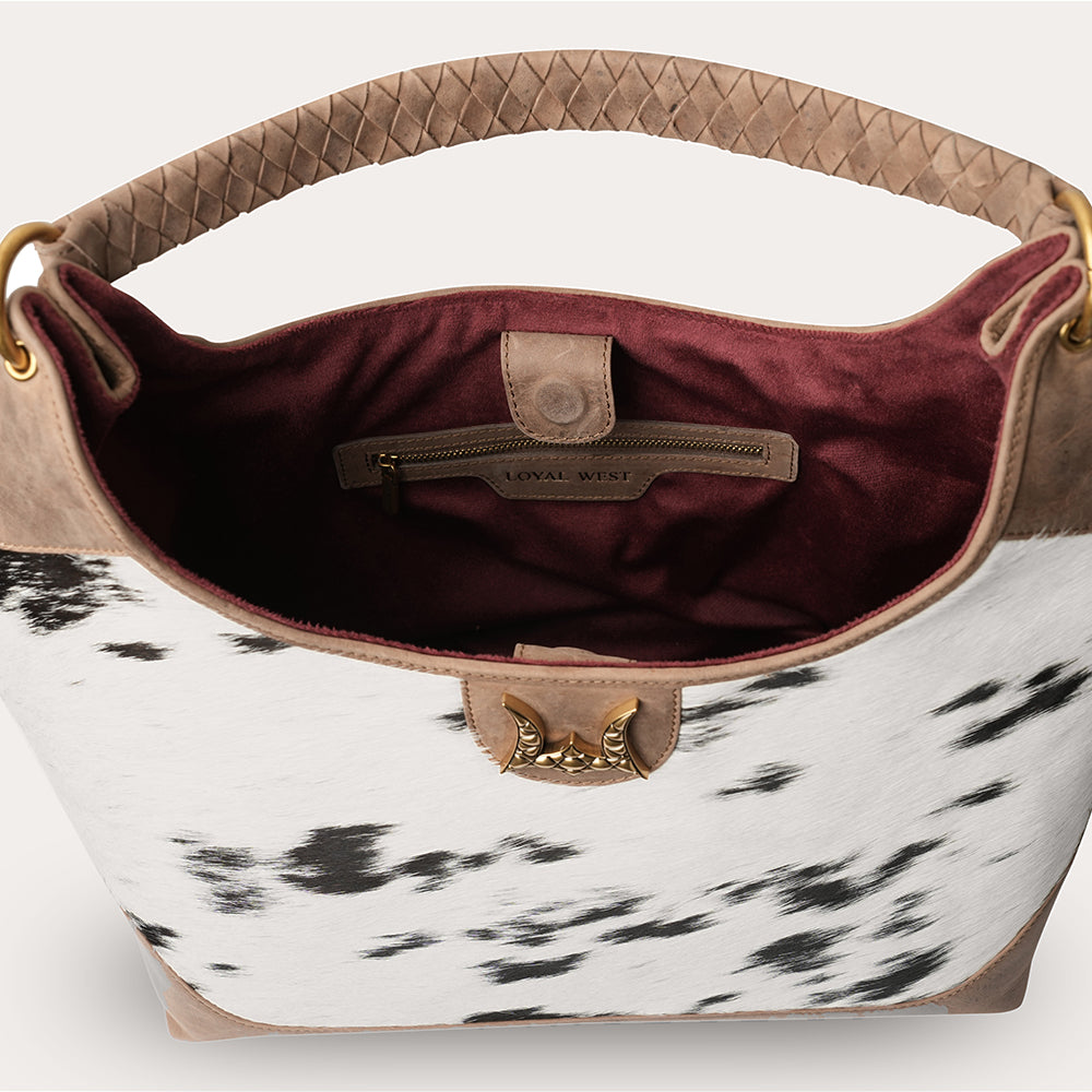LW Large Purse - Black & White Cowhide with Oiled Brown Leather - Myra USA