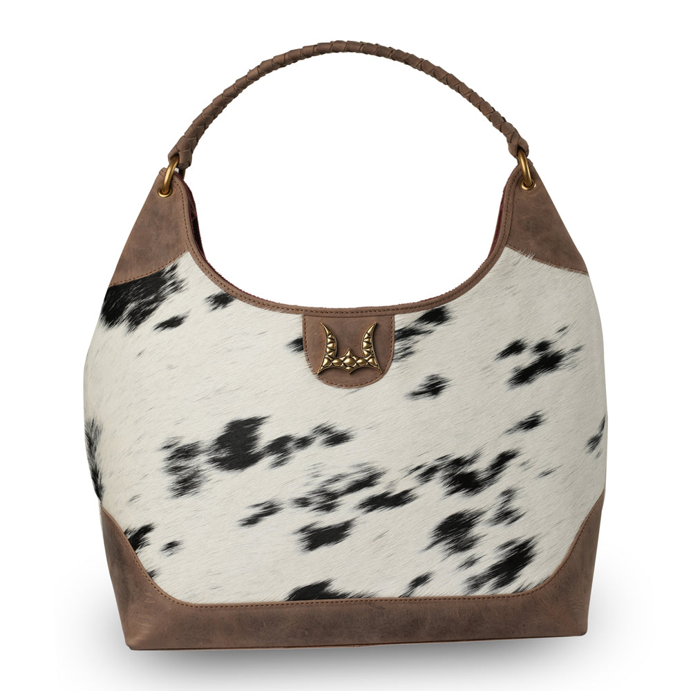 LW Large Purse - Black & White Cowhide with Oiled Brown Leather - Myra USA