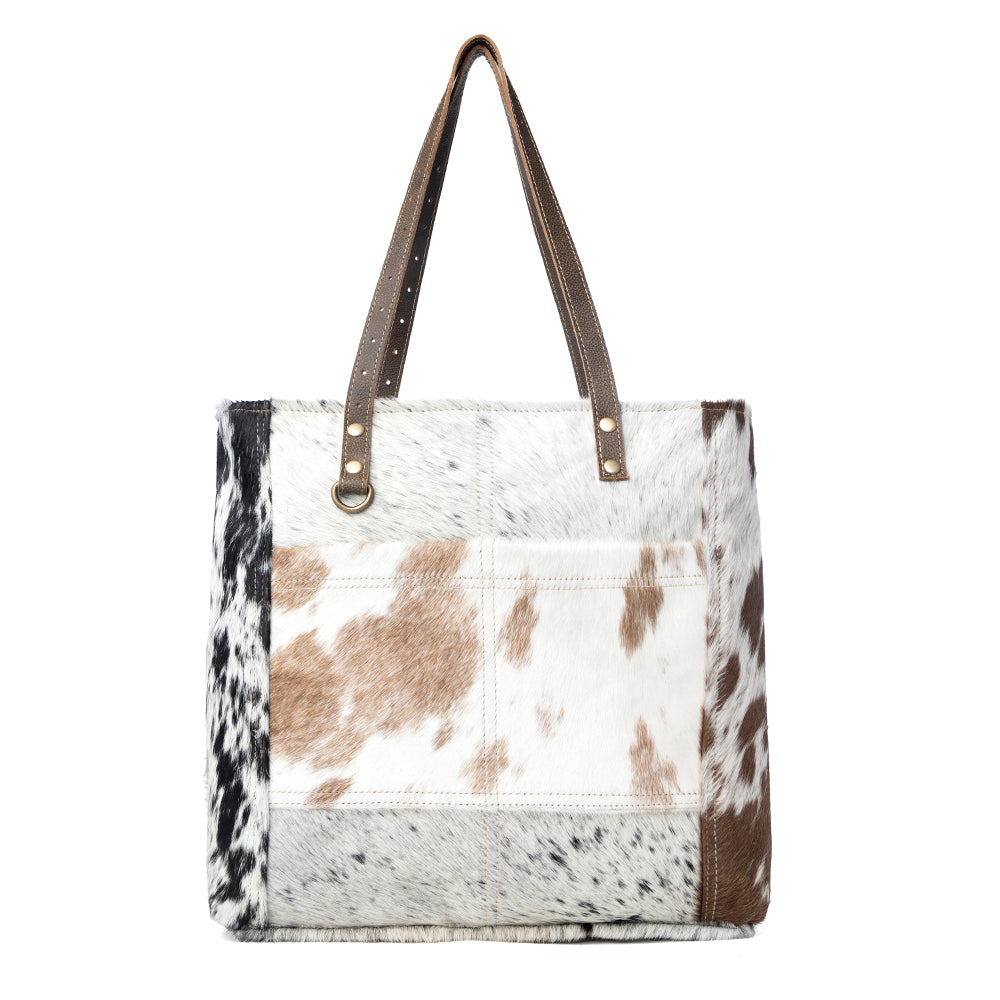 Myra Mesa Trail Patchwork Hairon Tote Bag for Women Rustic Cowhide Design, Brown Leather Handles for Everyday Utility - Myra USA