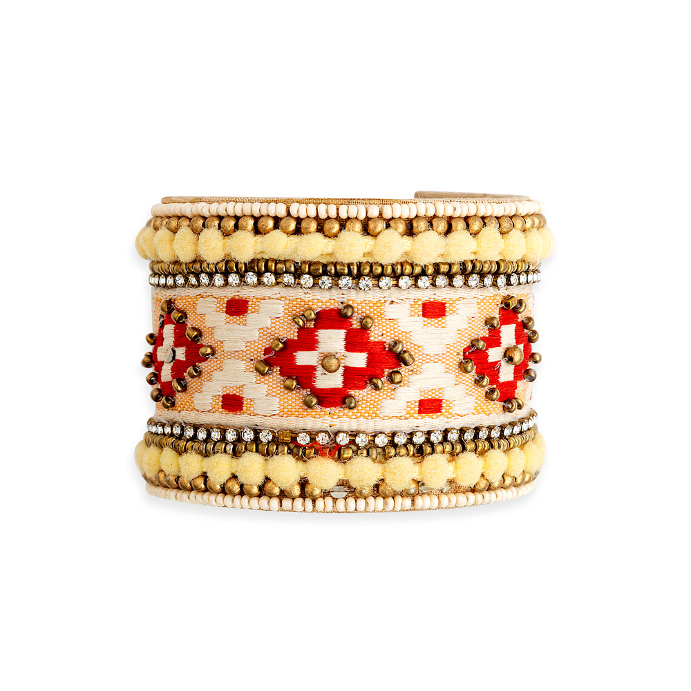 Adobe Charm Beaded Cuff Bracelet in Sunrise Gold & Crimson - Myra USA