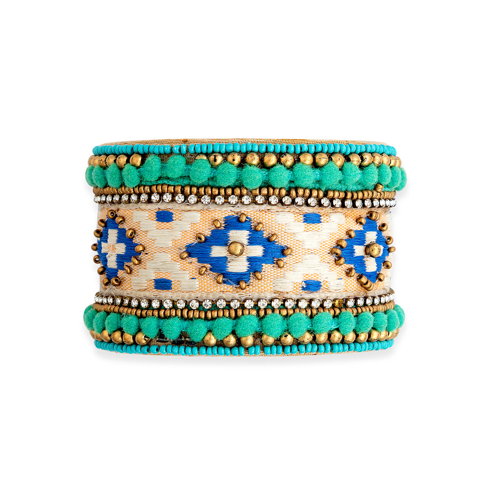 Adobe Charm Beaded Cuff Bracelet in Turquoise & River Blue - Myra USA