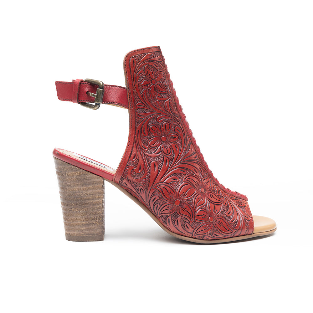Red handtooled leather heels with a Western flair
