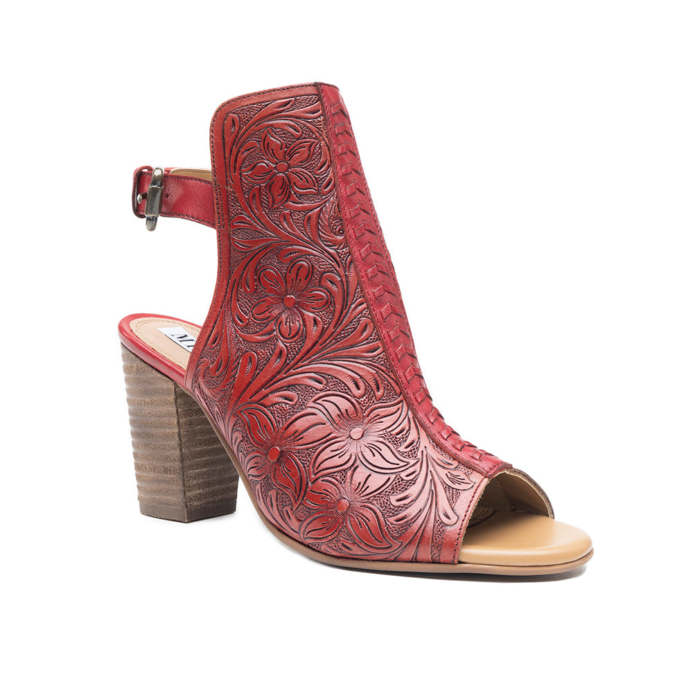 Red handtooled leather heels with a Western flair
