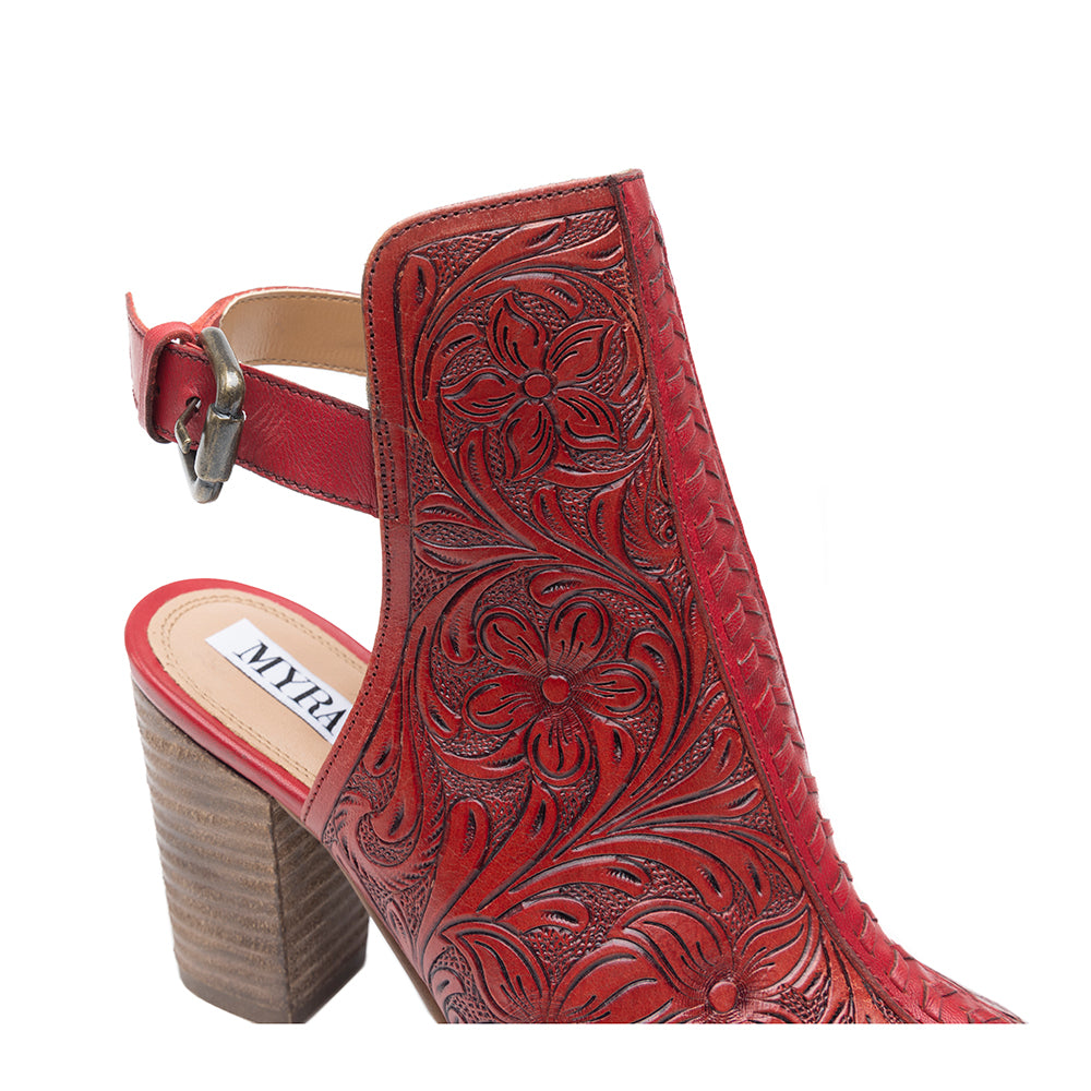 Red handtooled leather heels with a Western flair