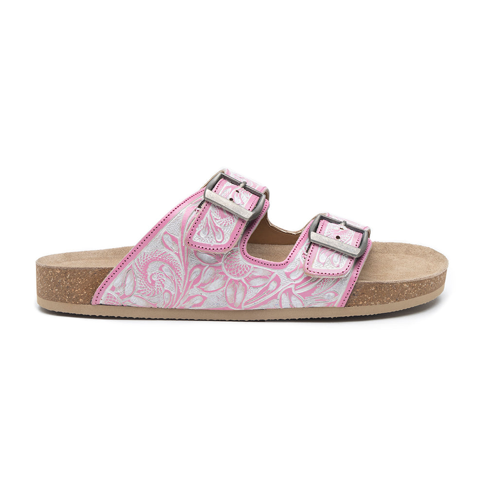 Handtooled cowgirl sandals in pink color for women