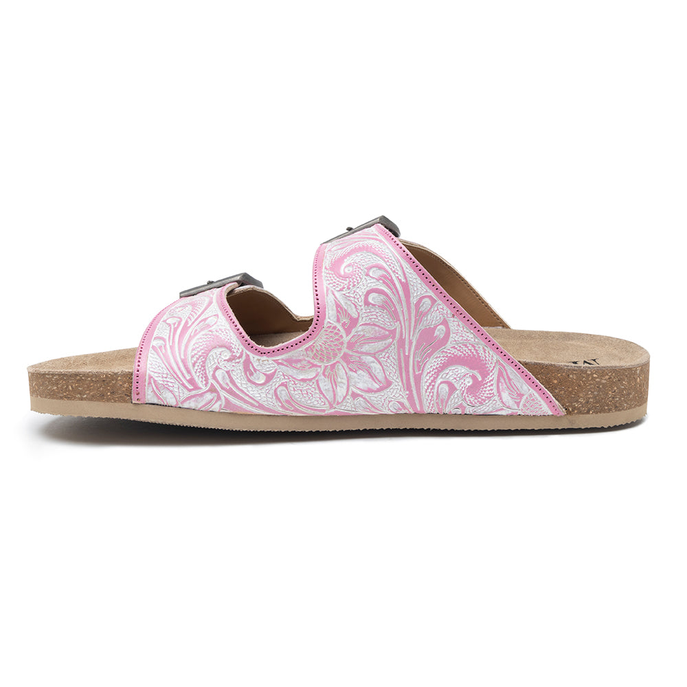 Handtooled cowgirl sandals in pink color for women