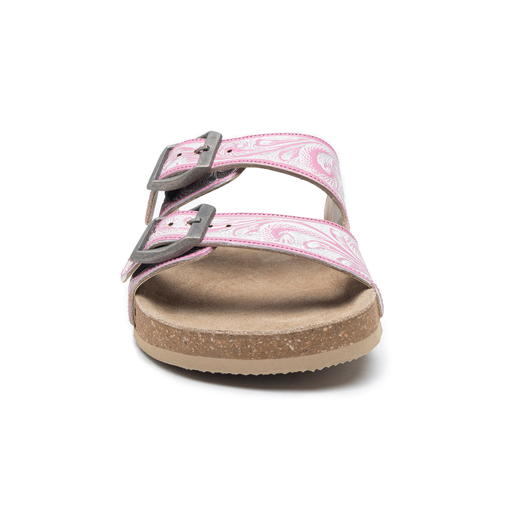 Handtooled cowgirl sandals in pink color for women