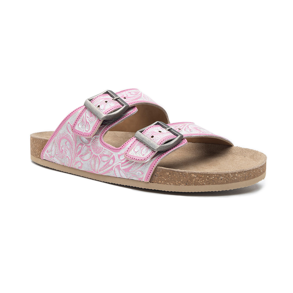 Handtooled cowgirl sandals in pink color for women