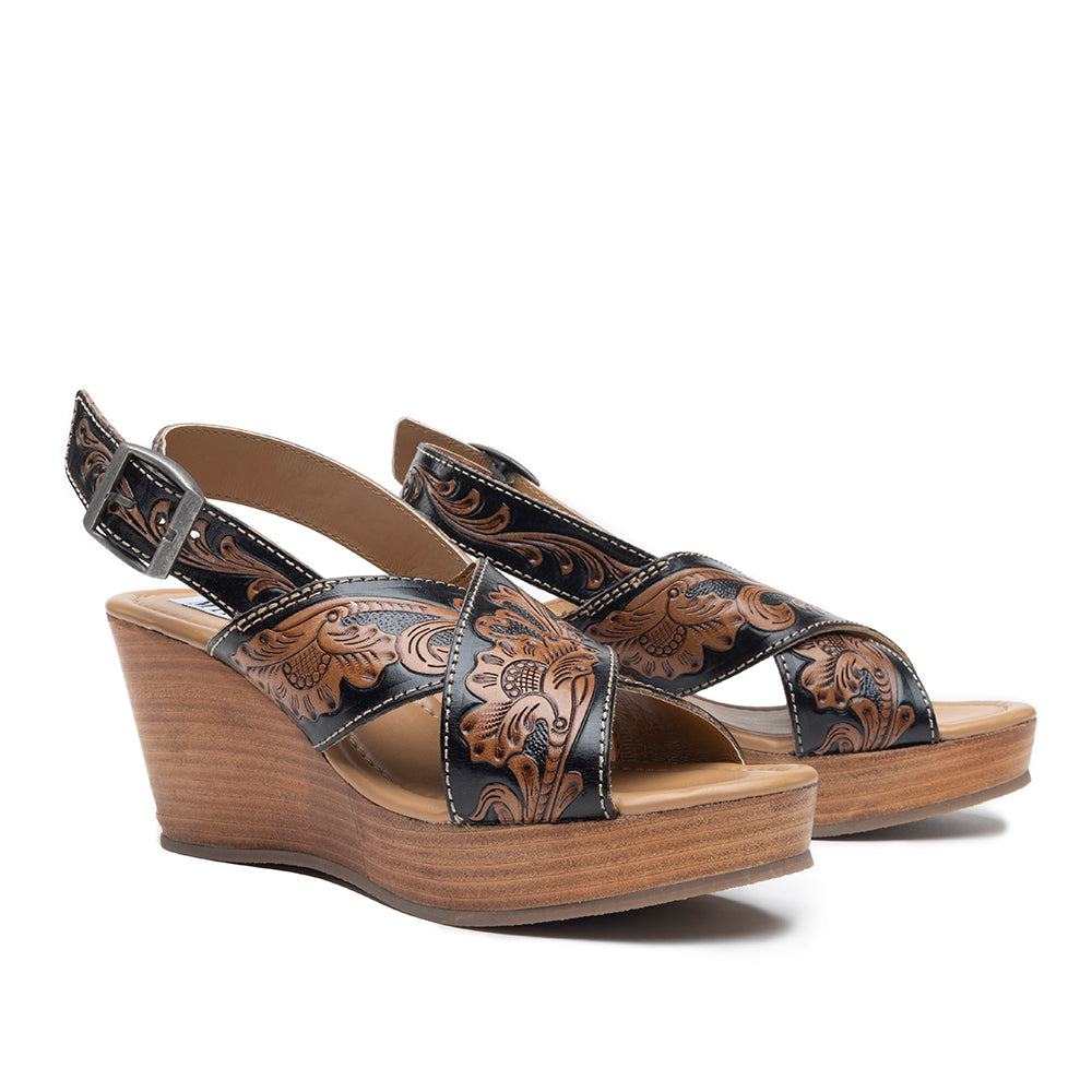 Handtooled sandals for women with a chunky wooden heel with black and brown embossed strap