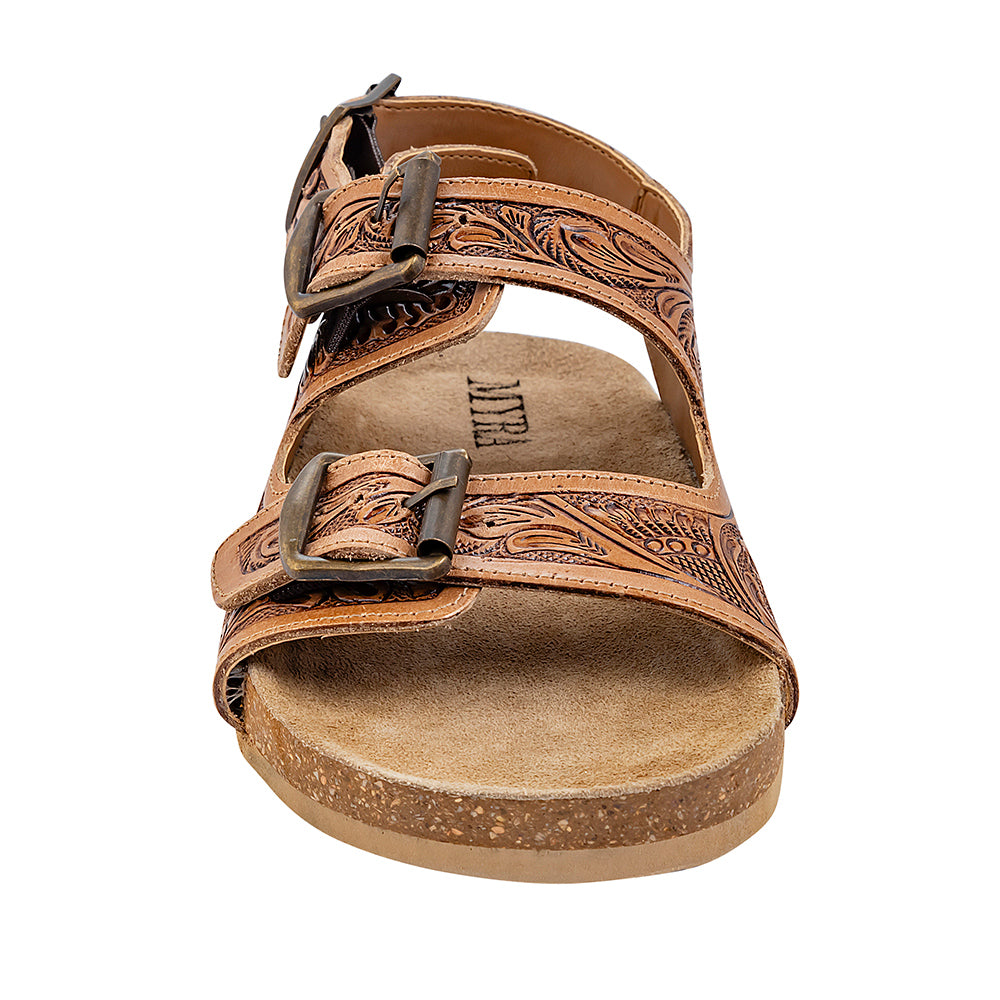 Brown Handtooled Cowgirl Sandals with floral pattern embossed into the straps with adjustable buckles