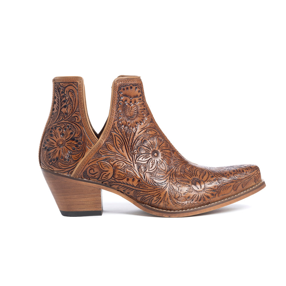 Dakota Charm Hand-tooled Booties in Caramel - Myra USA