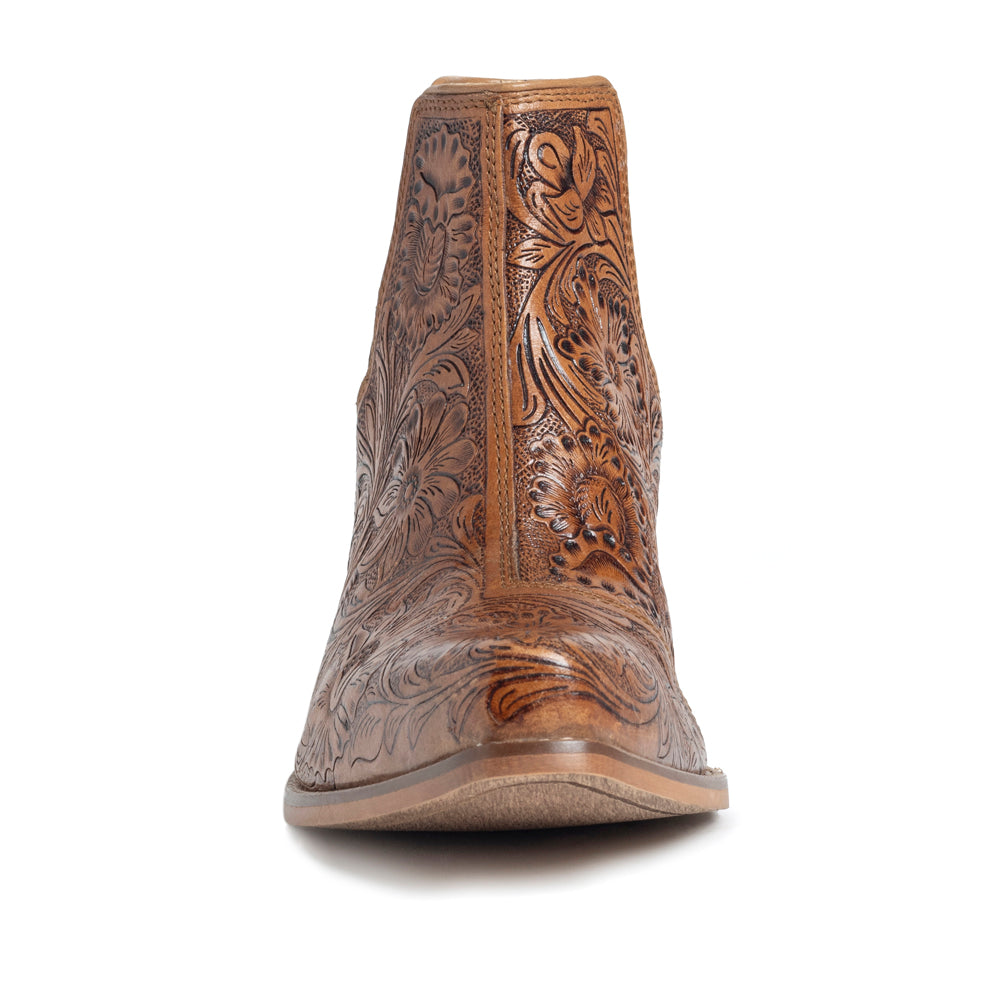 Dakota Charm Hand-tooled Booties in Caramel - Myra USA