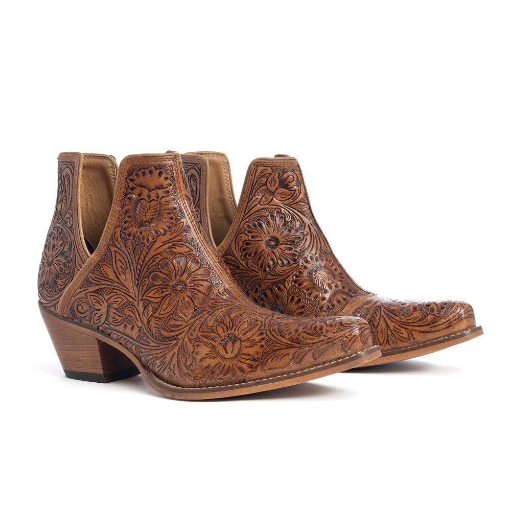 Dakota Charm Hand-tooled Booties in Caramel - Myra USA