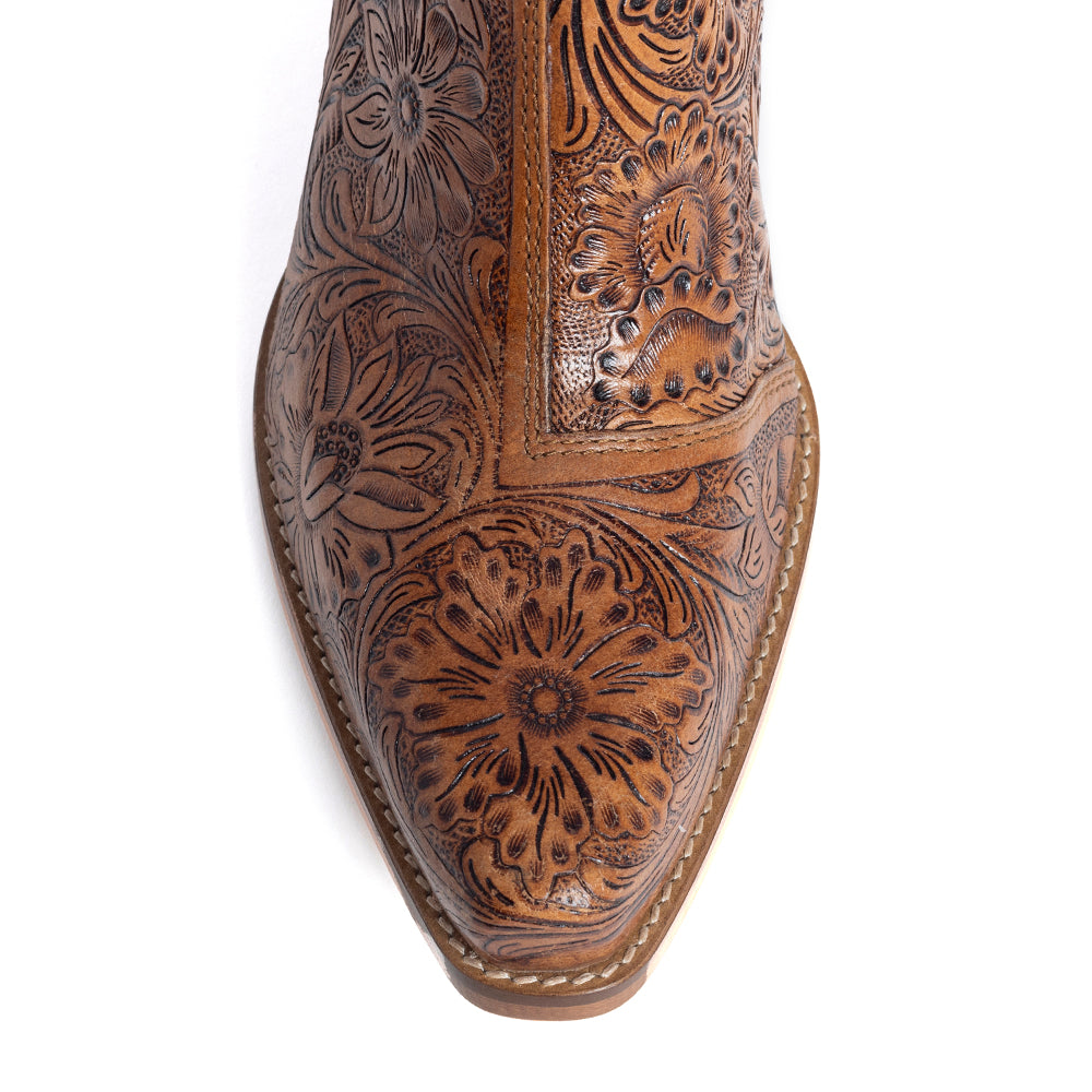 Dakota Charm Hand-tooled Booties in Caramel - Myra USA