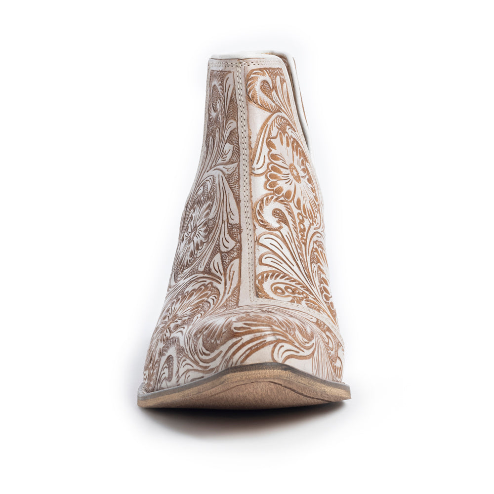 Western Moxie Hand-tooled Booties in White Chocolate - Myra USA